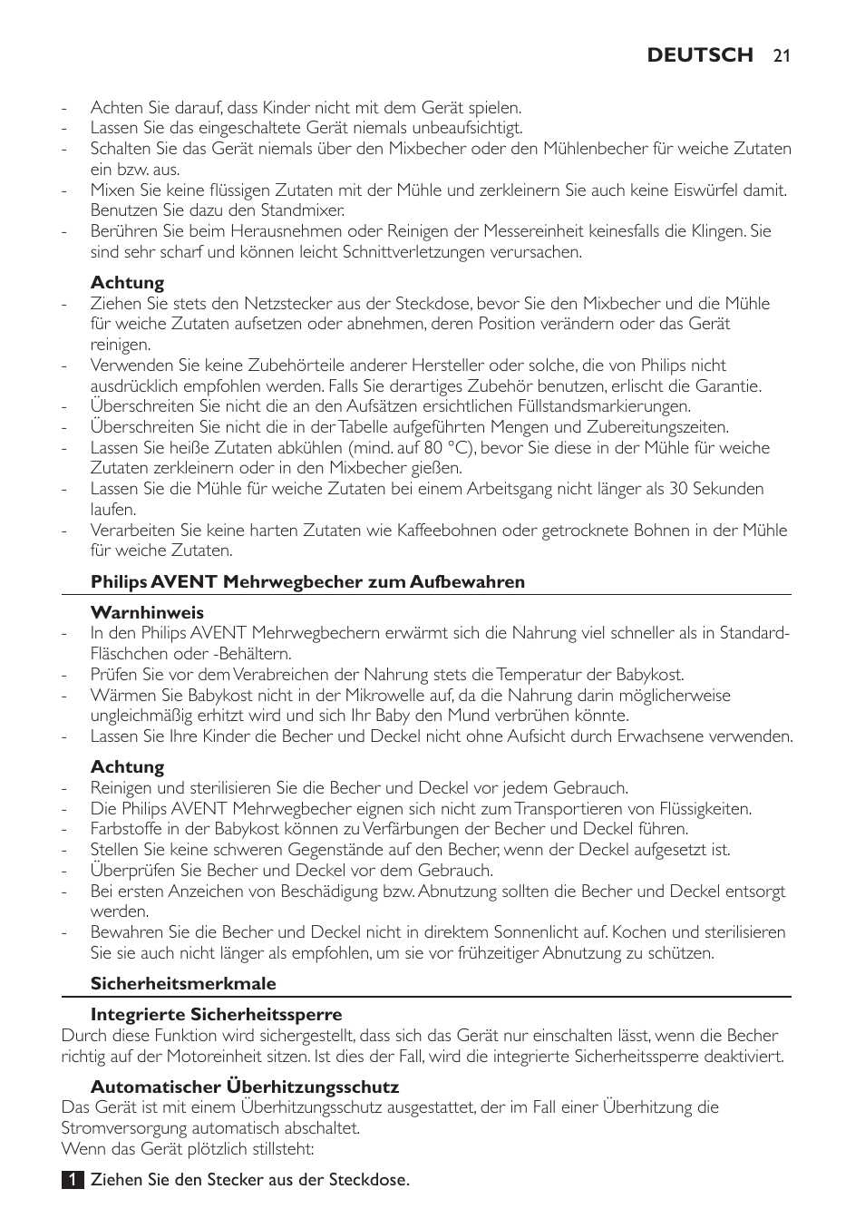 Achtung, Philips avent mehrwegbecher zum aufbewahren, Warnhinweis | Sicherheitsmerkmale, Integrierte sicherheitssperre, Automatischer überhitzungsschutz | Philips AVENT SCF860/20 User Manual | Page 21 / 108