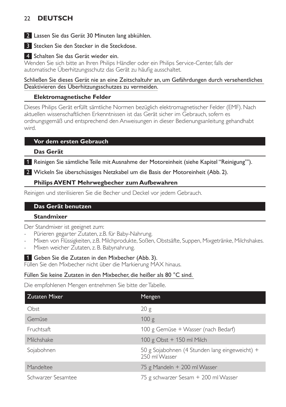 Elektromagnetische felder, Vor dem ersten gebrauch, Das gerät | Philips avent mehrwegbecher zum aufbewahren, Das gerät benutzen, Standmixer | Philips AVENT SCF860/20 User Manual | Page 22 / 108