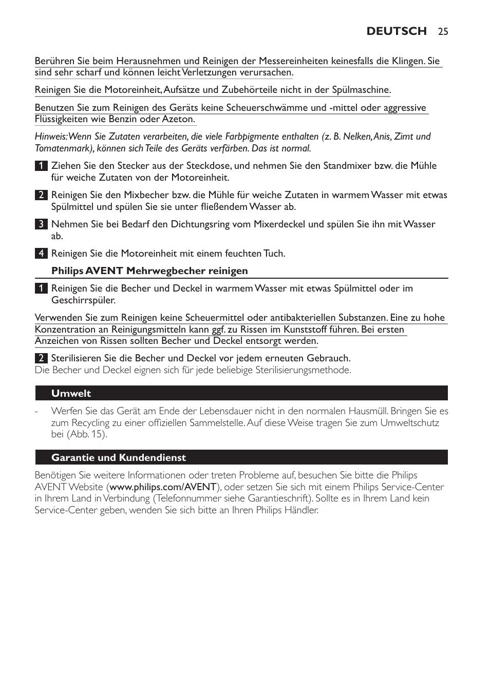 Philips avent mehrwegbecher reinigen, Umwelt, Garantie und kundendienst | Philips AVENT SCF860/20 User Manual | Page 25 / 108