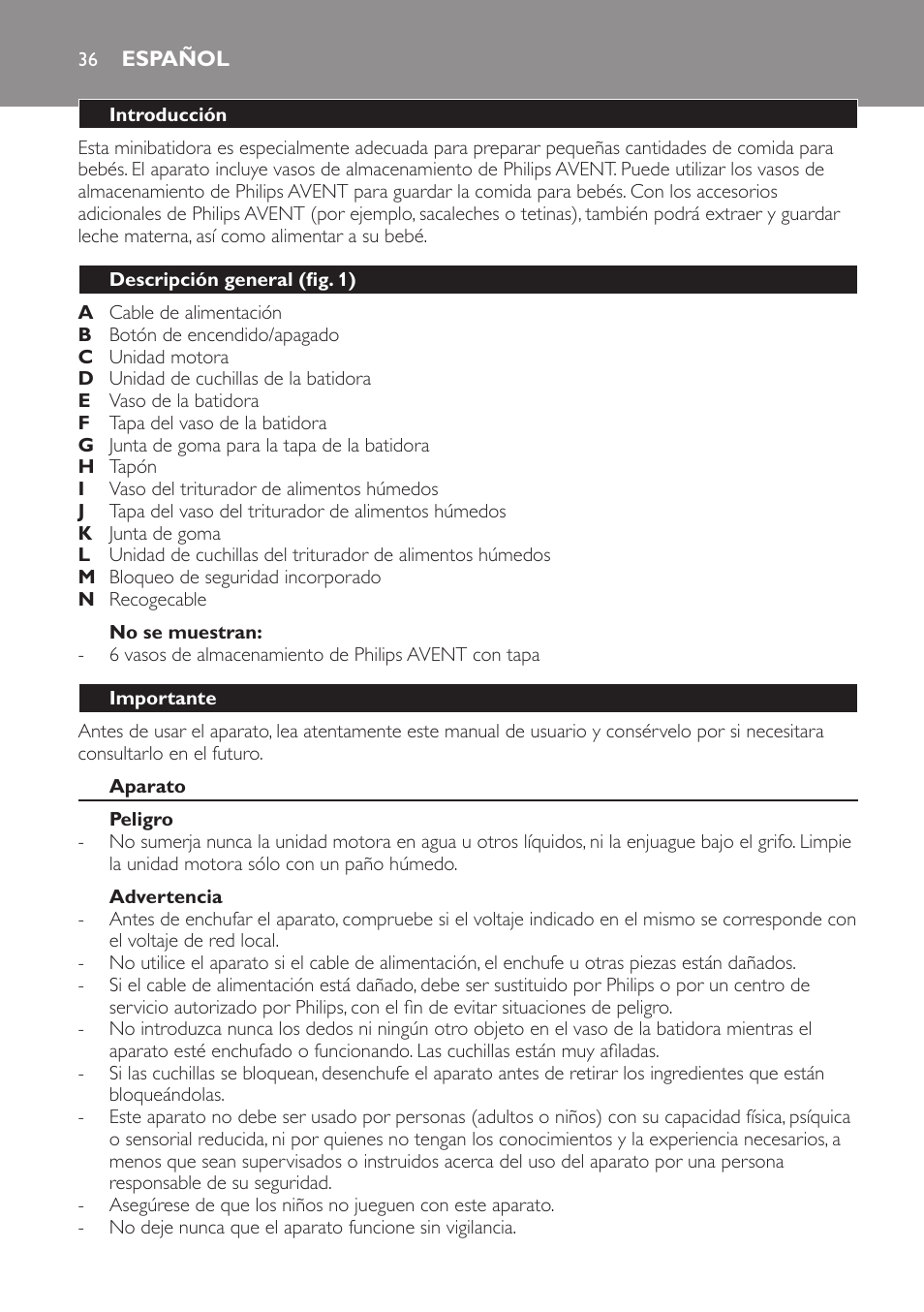 No se muestran, Español, Introducción | Descripción general (fig. 1), Importante, Aparato, Peligro, Advertencia | Philips AVENT SCF860/20 User Manual | Page 36 / 108