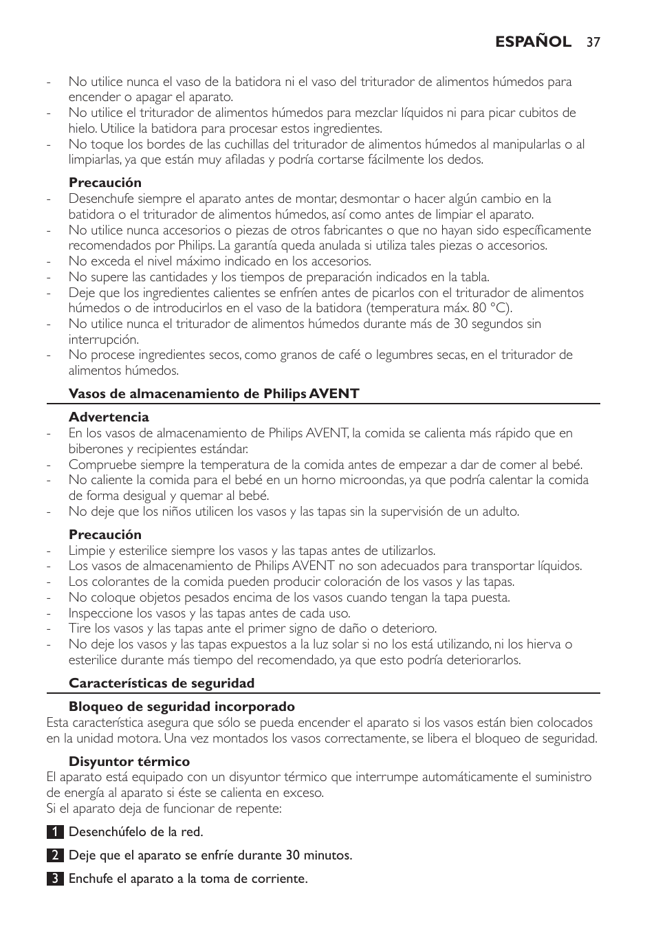 Precaución, Vasos de almacenamiento de philips avent, Advertencia | Características de seguridad, Bloqueo de seguridad incorporado, Disyuntor térmico | Philips AVENT SCF860/20 User Manual | Page 37 / 108