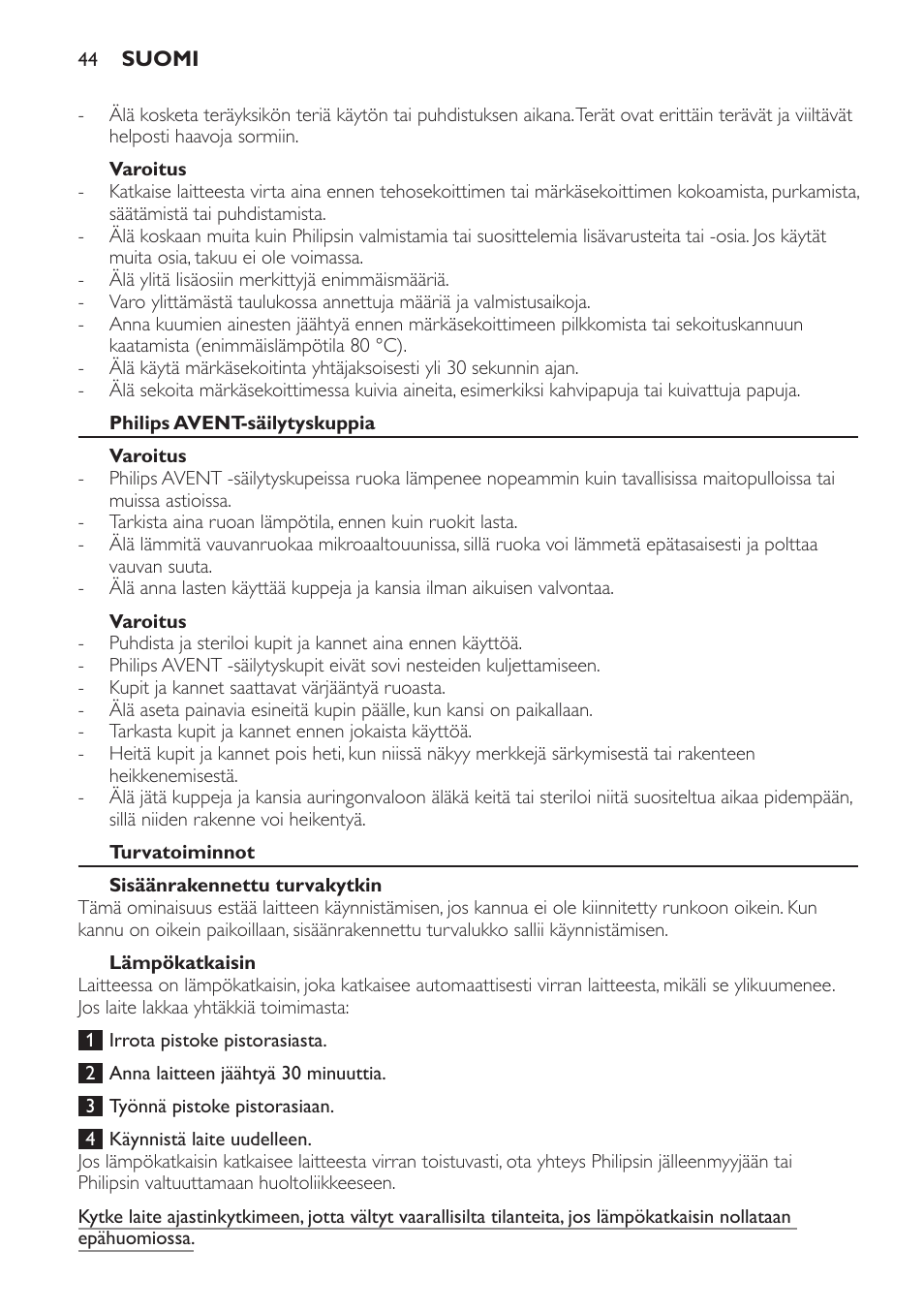 Varoitus, Philips avent-säilytyskuppia, Turvatoiminnot | Sisäänrakennettu turvakytkin, Lämpökatkaisin | Philips AVENT SCF860/20 User Manual | Page 44 / 108