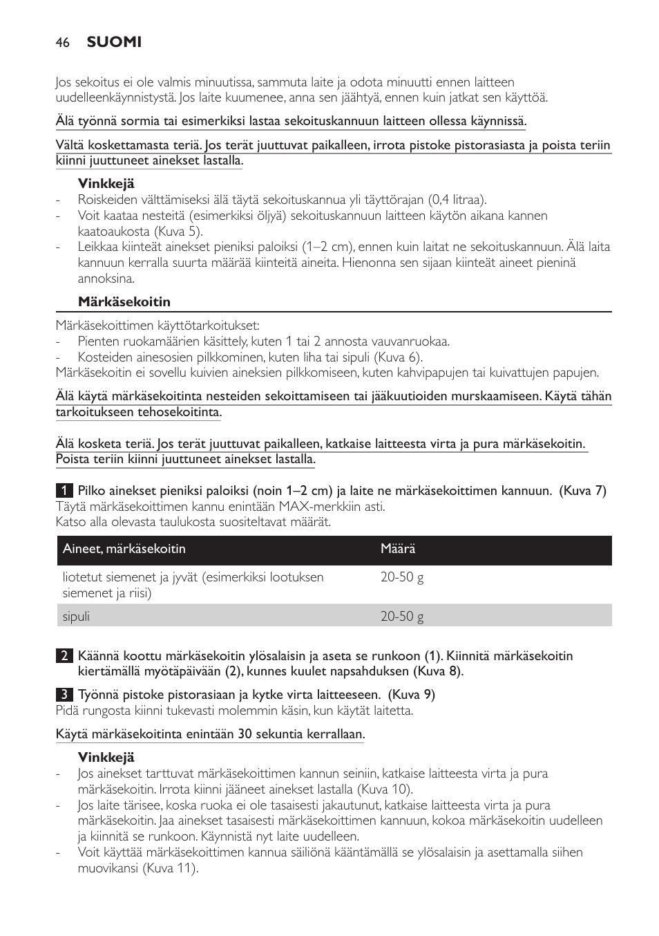 Vinkkejä, Märkäsekoitin | Philips AVENT SCF860/20 User Manual | Page 46 / 108