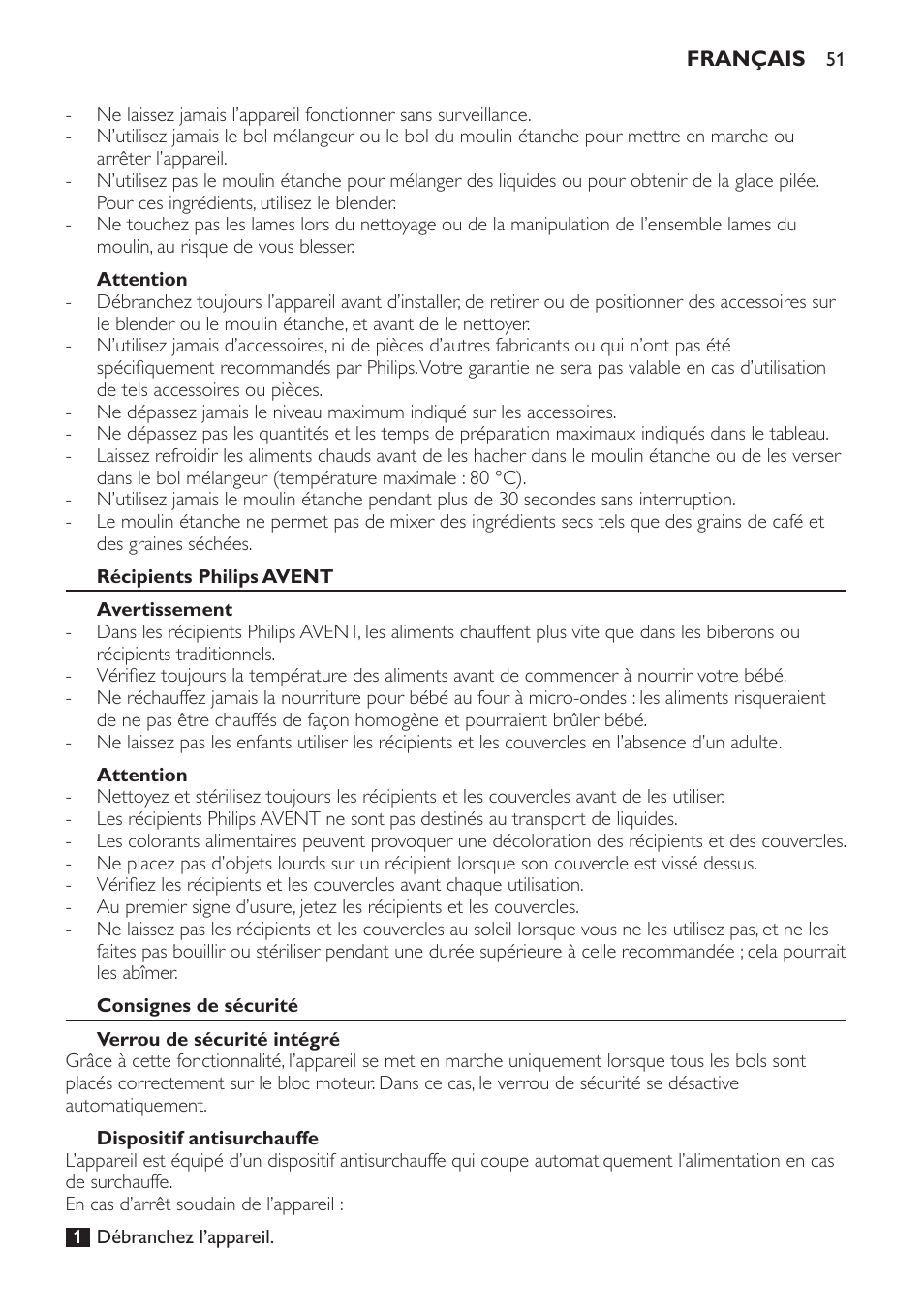 Attention, Récipients philips avent, Avertissement | Consignes de sécurité, Verrou de sécurité intégré, Dispositif antisurchauffe | Philips AVENT SCF860/20 User Manual | Page 51 / 108