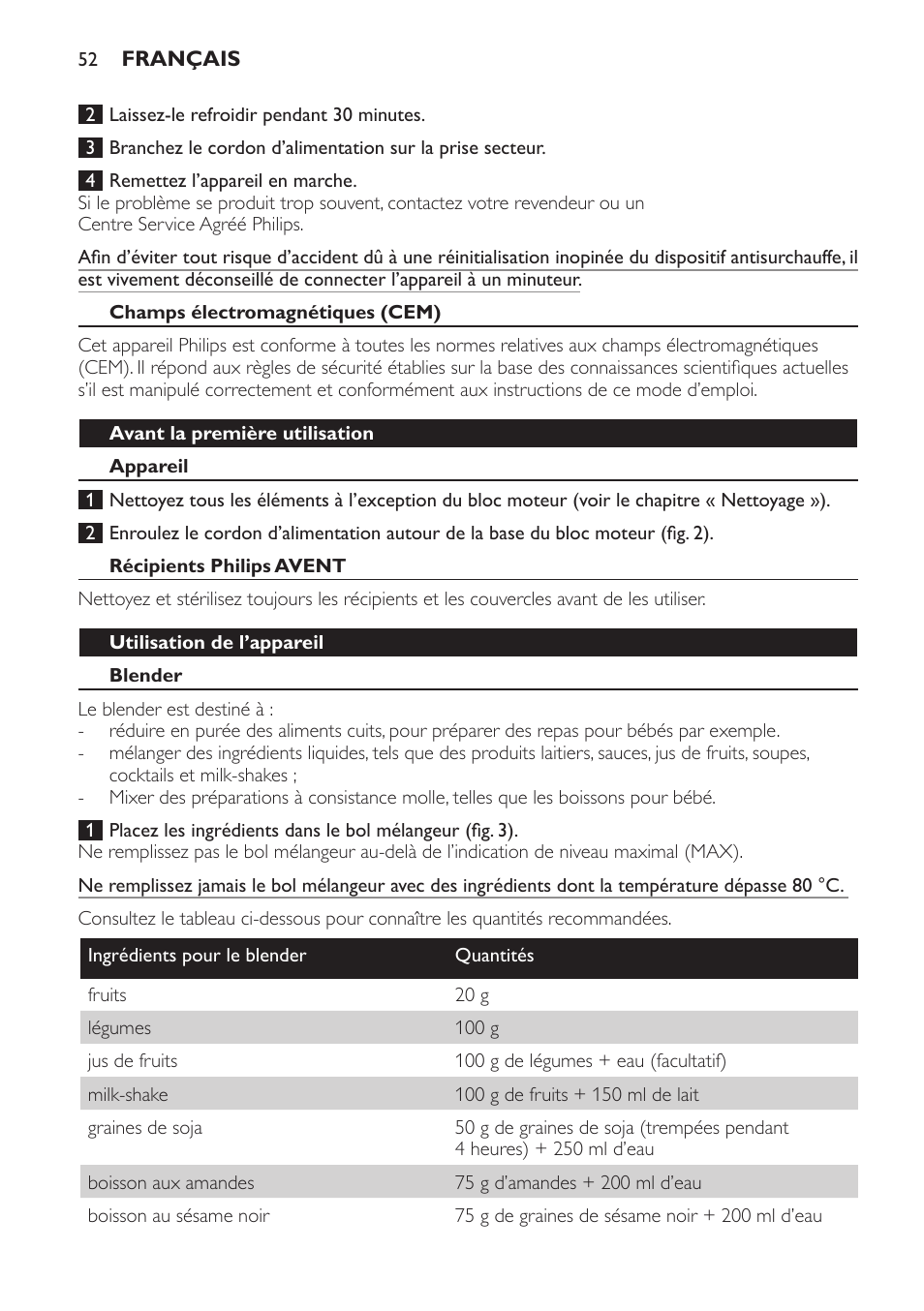 Champs électromagnétiques (cem), Avant la première utilisation, Appareil | Récipients philips avent, Utilisation de l’appareil, Blender | Philips AVENT SCF860/20 User Manual | Page 52 / 108