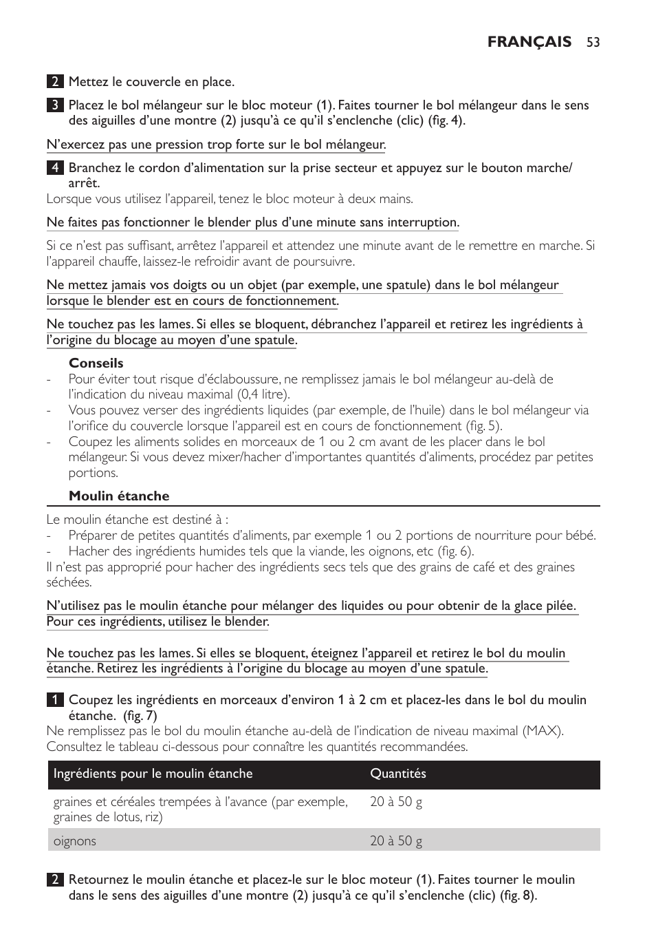 Conseils, Moulin étanche | Philips AVENT SCF860/20 User Manual | Page 53 / 108