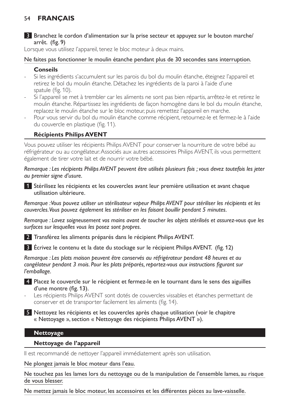 Conseils, Récipients philips avent, Nettoyage | Nettoyage de l’appareil | Philips AVENT SCF860/20 User Manual | Page 54 / 108