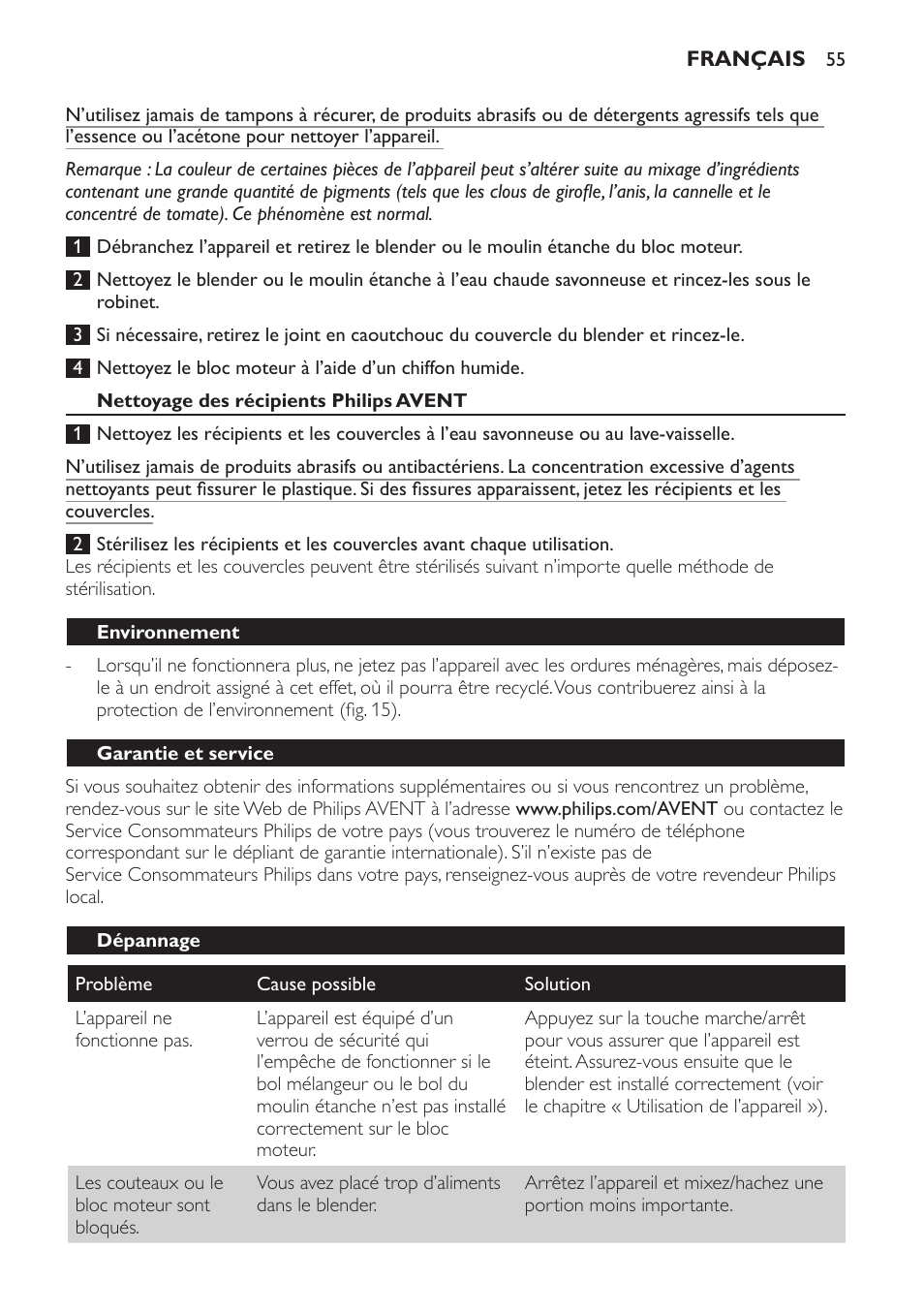 Nettoyage des récipients philips avent, Environnement, Garantie et service | Dépannage | Philips AVENT SCF860/20 User Manual | Page 55 / 108