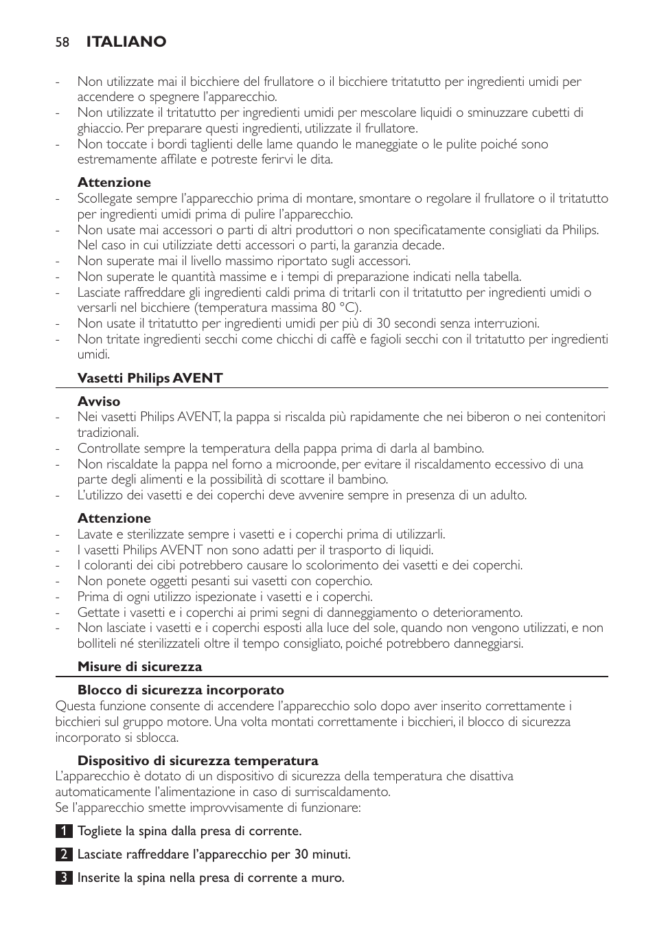 Attenzione, Vasetti philips avent, Avviso | Misure di sicurezza, Blocco di sicurezza incorporato, Dispositivo di sicurezza temperatura | Philips AVENT SCF860/20 User Manual | Page 58 / 108