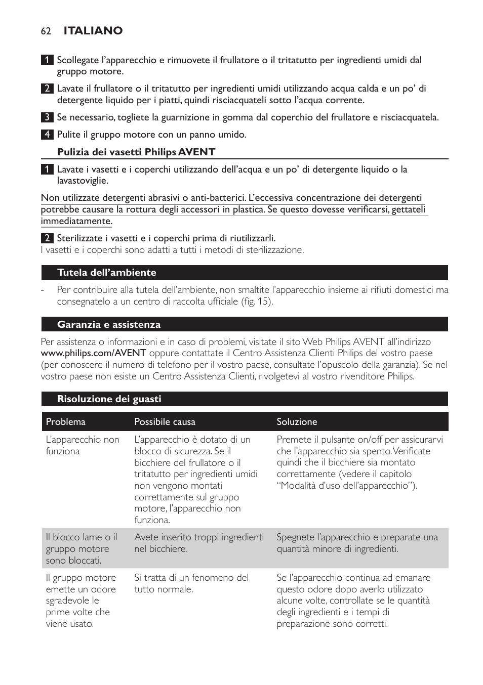 Pulizia dei vasetti philips avent, Tutela dell’ambiente, Garanzia e assistenza | Risoluzione dei guasti | Philips AVENT SCF860/20 User Manual | Page 62 / 108