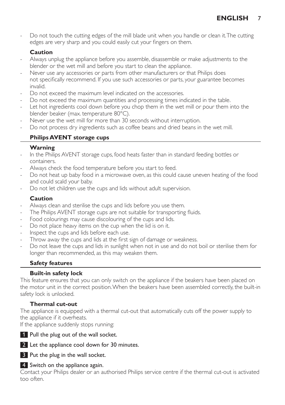 Caution, Philips avent storage cups, Warning | Safety features, Built-in safety lock, Thermal cut-out | Philips AVENT SCF860/20 User Manual | Page 7 / 108