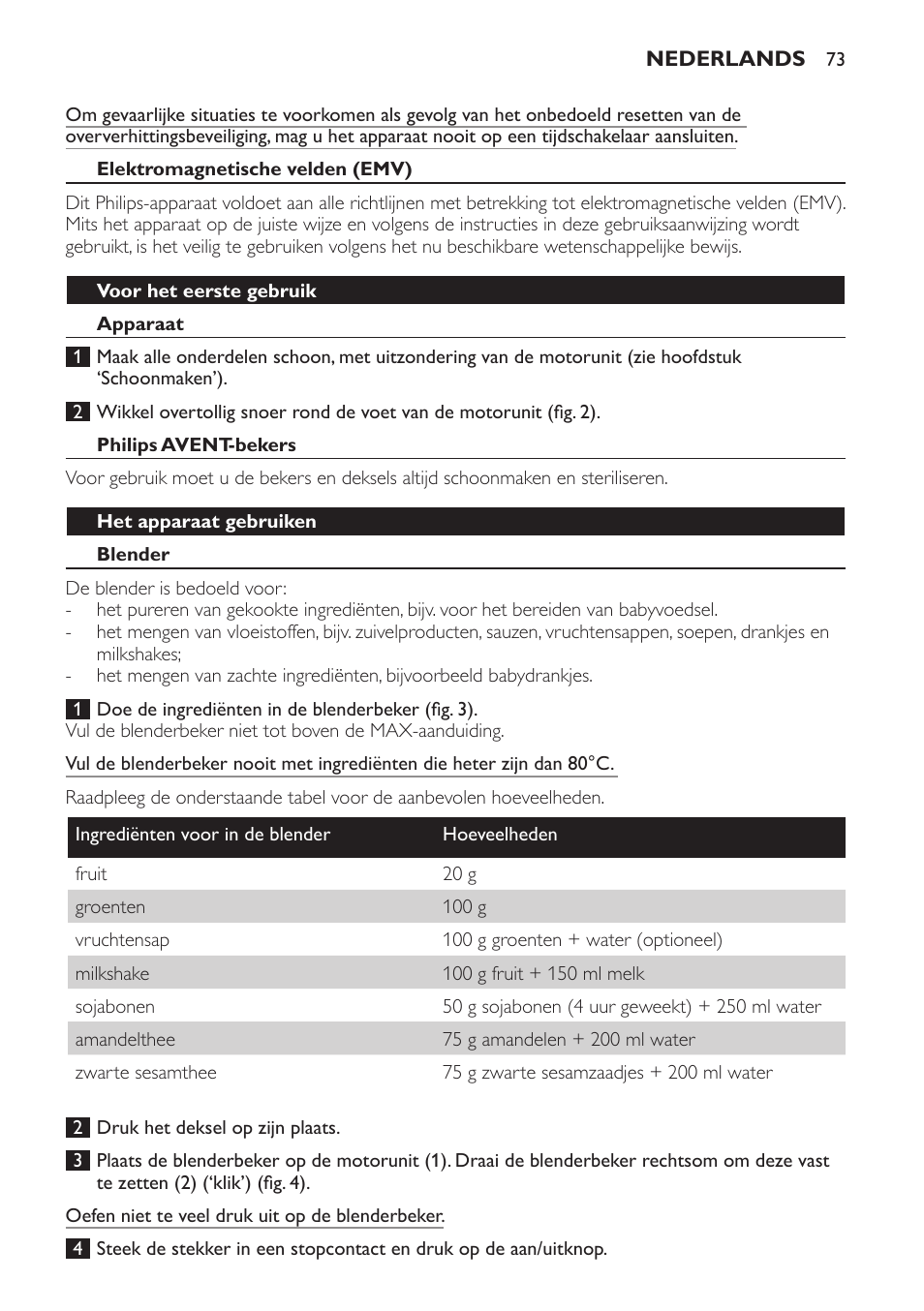 Elektromagnetische velden (emv), Voor het eerste gebruik, Apparaat | Philips avent-bekers, Het apparaat gebruiken, Blender | Philips AVENT SCF860/20 User Manual | Page 73 / 108