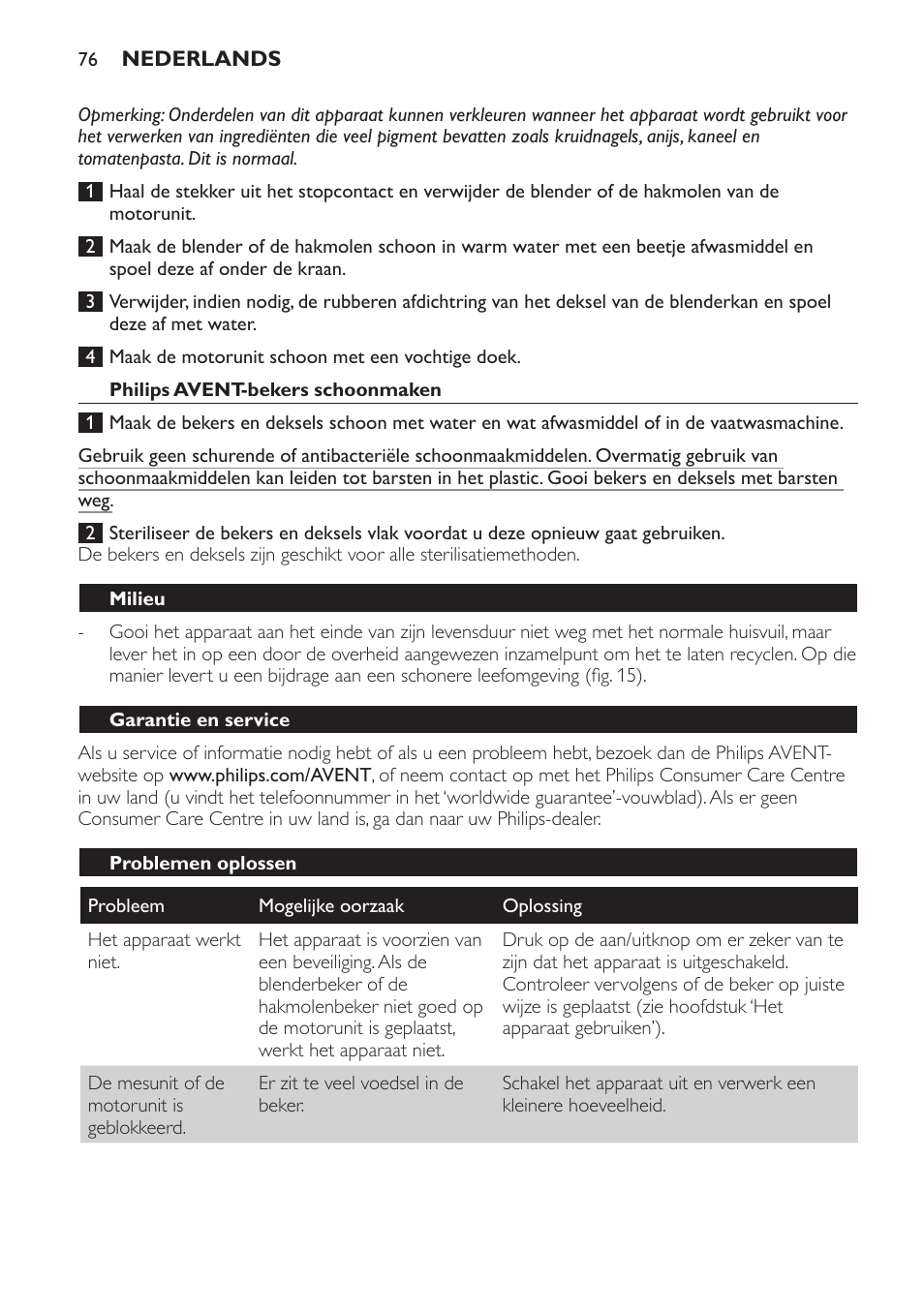 Philips avent-bekers schoonmaken, Milieu, Garantie en service | Problemen oplossen | Philips AVENT SCF860/20 User Manual | Page 76 / 108
