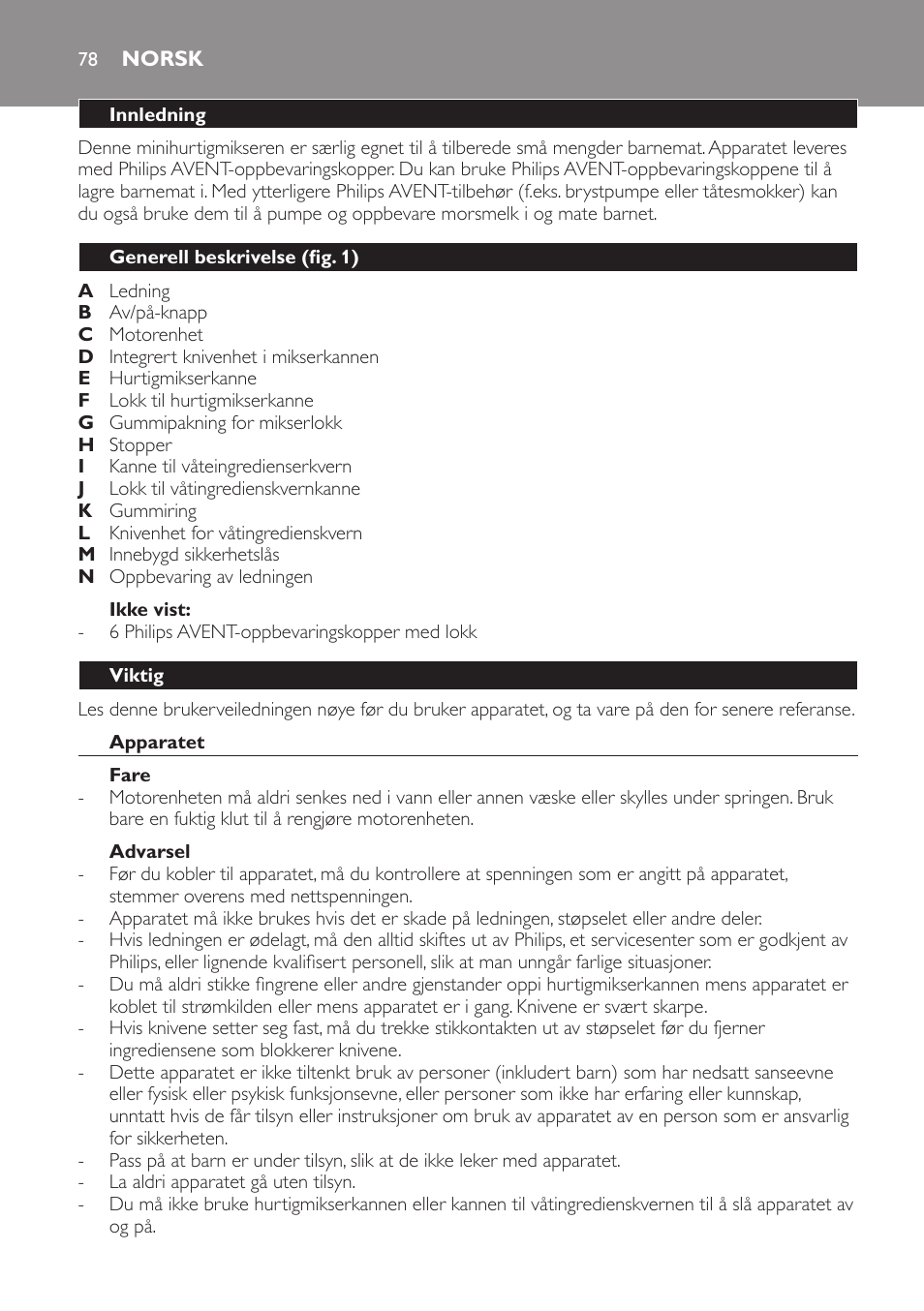 Ikke vist, Norsk, Innledning | Generell beskrivelse (fig. 1), Viktig, Apparatet, Fare, Advarsel | Philips AVENT SCF860/20 User Manual | Page 78 / 108