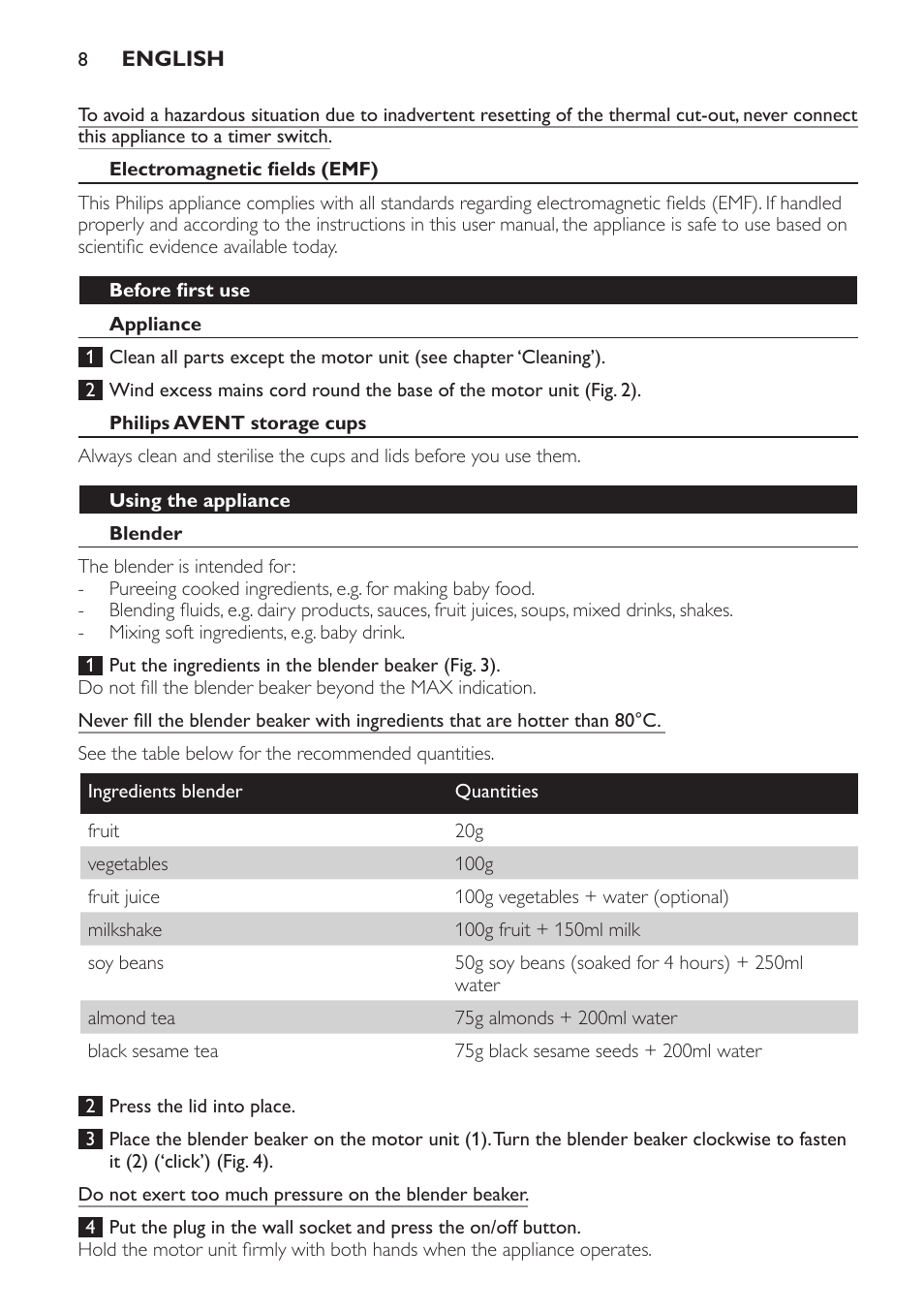 Electromagnetic fields (emf), Before first use, Appliance | Philips avent storage cups, Using the appliance, Blender | Philips AVENT SCF860/20 User Manual | Page 8 / 108
