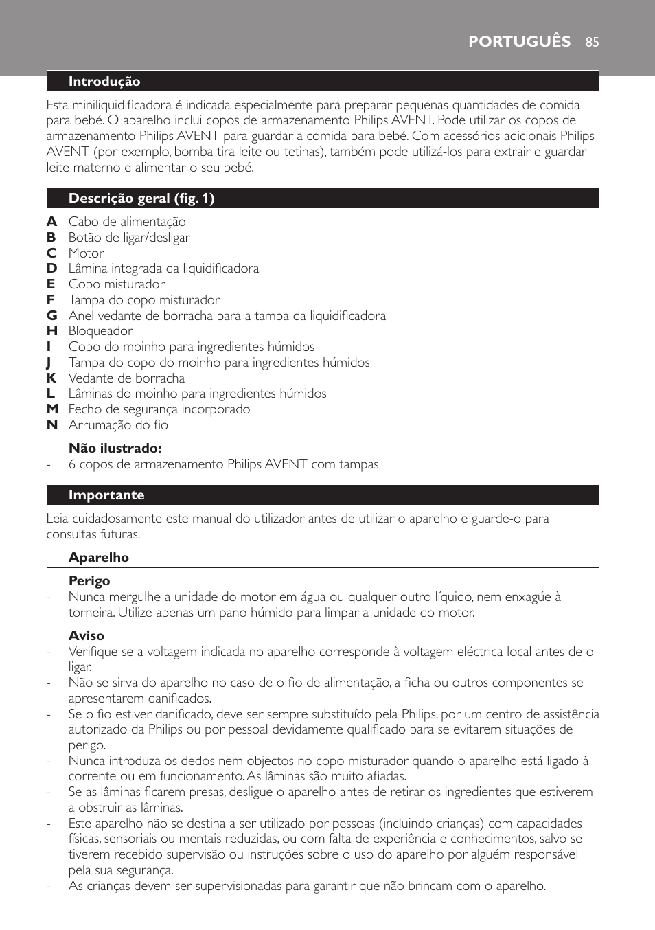 Não ilustrado, Português, Introdução | Descrição geral (fig. 1), Importante, Aparelho, Perigo, Aviso | Philips AVENT SCF860/20 User Manual | Page 85 / 108