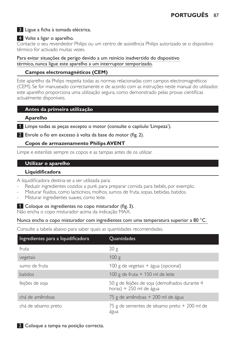 Campos electromagnéticos (cem), Antes da primeira utilização, Aparelho | Copos de armazenamento philips avent, Utilizar o aparelho, Liquidificadora | Philips AVENT SCF860/20 User Manual | Page 87 / 108