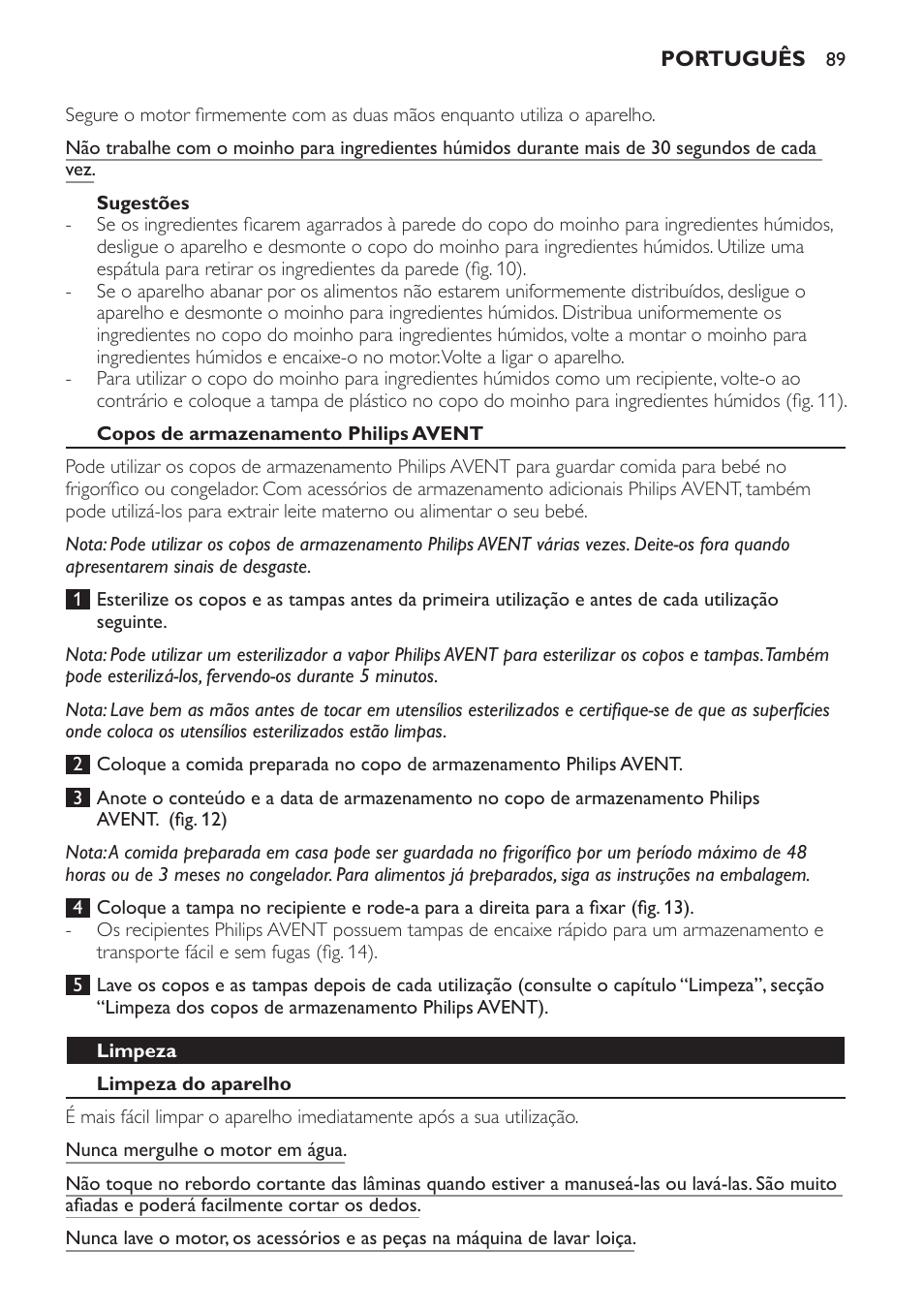 Sugestões, Copos de armazenamento philips avent, Limpeza | Limpeza do aparelho | Philips AVENT SCF860/20 User Manual | Page 89 / 108
