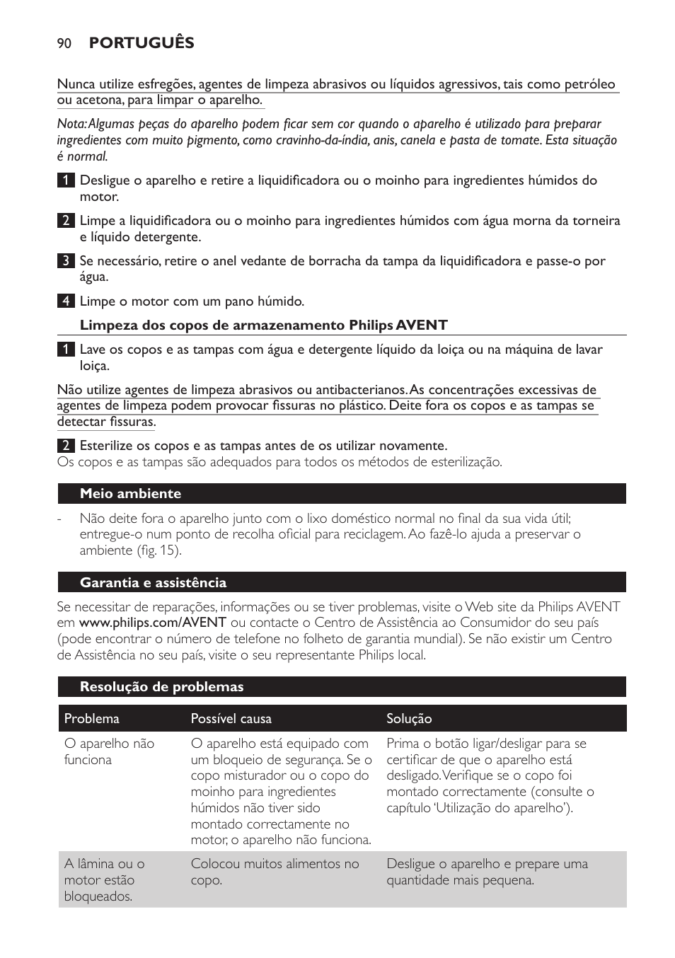 Limpeza dos copos de armazenamento philips avent, Meio ambiente, Garantia e assistência | Resolução de problemas | Philips AVENT SCF860/20 User Manual | Page 90 / 108