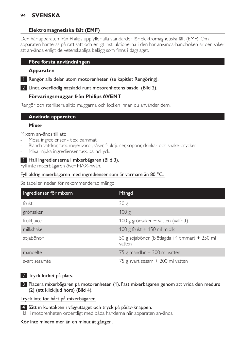 Elektromagnetiska fält (emf), Före första användningen, Apparaten | Förvaringsmuggar från philips avent, Använda apparaten, Mixer | Philips AVENT SCF860/20 User Manual | Page 94 / 108