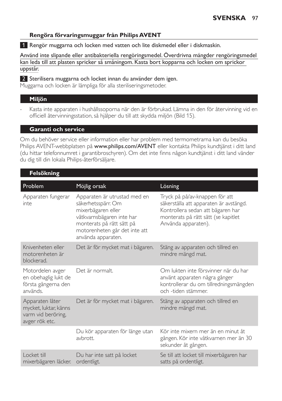 Rengöra förvaringsmuggar från philips avent, Miljön, Garanti och service | Felsökning | Philips AVENT SCF860/20 User Manual | Page 97 / 108