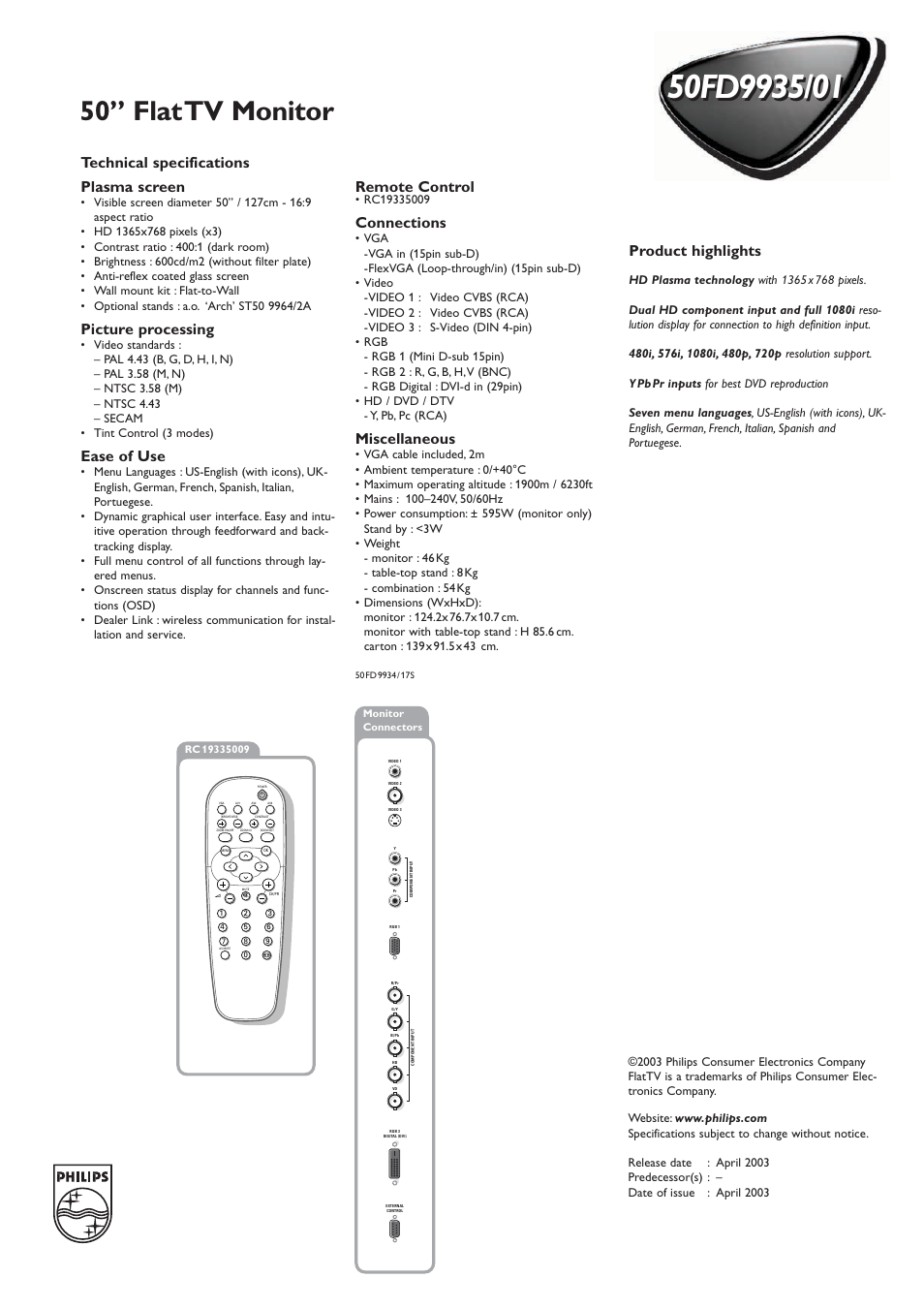 Flat television | matchline series, 50” flattv monitor, Technical specifications plasma screen | Picture processing, Ease of use, Product highlights, Remote control, Connections, Miscellaneous | Philips 0150FD9935 User Manual | Page 2 / 2