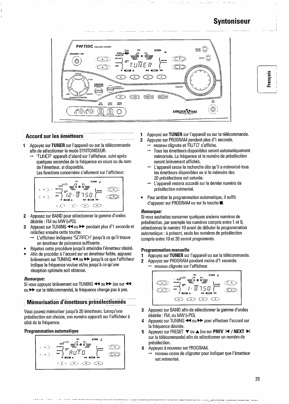 Syntoniseur, Programmation manuelle, Accord sur les émetteurs | I mémorisation d'émetteurs présélectionnés | Philips FW 730C User Manual | Page 11 / 21