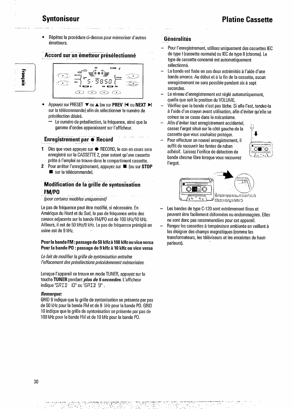 Syntoniseur, Platine cassette, Syntoniseur platine cassette | Accord sur un émetteur présélectionné, Enregistrement par • record, Généralités, Modification de la grille de syntonisation fm/po | Philips FW 730C User Manual | Page 12 / 21