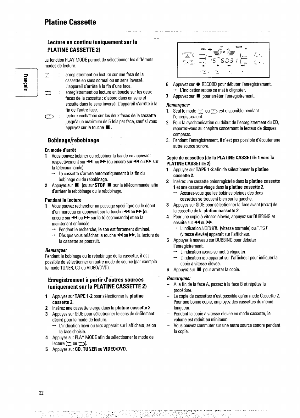 Platine cassette, En mode d'arrêt, Pendant la lecture | Platine cassehe 2), Za is s fi s 1, Bobinage/rebobinage | Philips FW 730C User Manual | Page 14 / 21