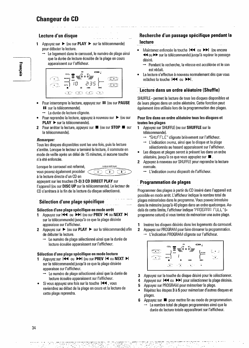 Sélection d’une plage spécifique en mode lecture, Changeur de cd, Tt lecture d'un disque | Sélection d'une plage spécifique, J.ecture dans un ordre aléatoire (shuffle), Programmation de plages | Philips FW 730C User Manual | Page 16 / 21