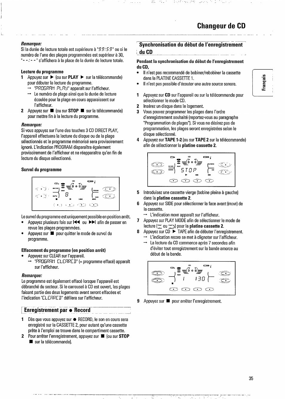 Lecture du programme, Survol du programme, Effacement du programme (en position arrêt) | Changeur de cd, S's'-'s s, Pf?ogf?rf1 plrb, Enregistrement par • record | Philips FW 730C User Manual | Page 17 / 21