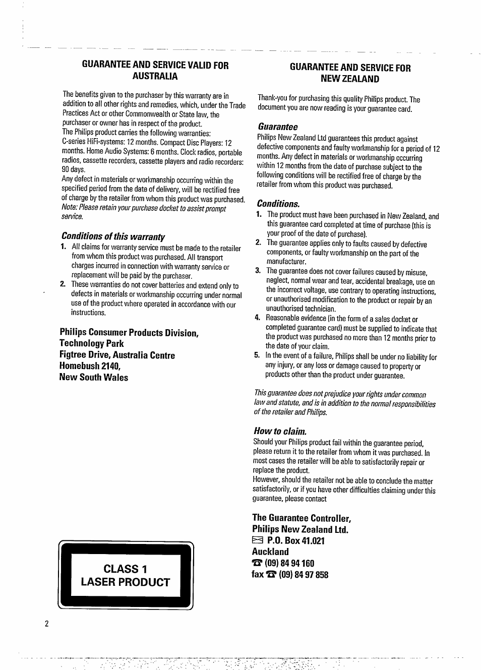 Guarantee and service valid for australia, Conditions of this warranty, Guarantee | Conditions, Howto claim | Philips FW 730C User Manual | Page 2 / 21