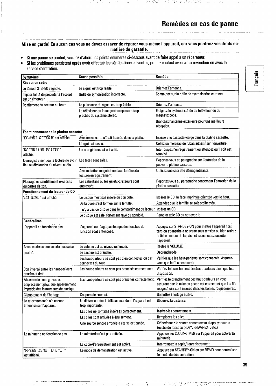 Remèdes en cas de panne | Philips FW 730C User Manual | Page 21 / 21