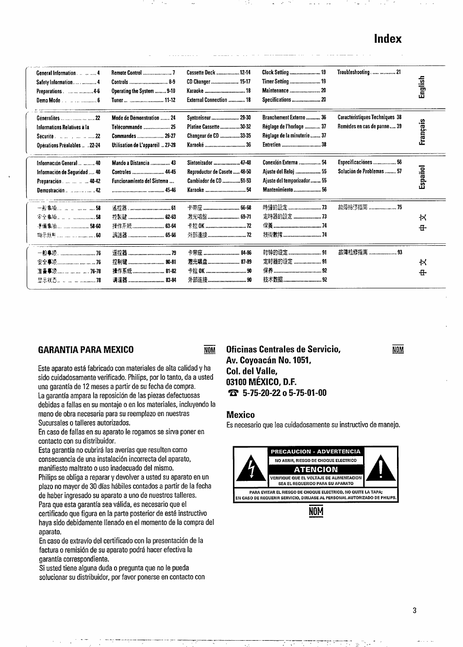 Index, Garantia para mexico, Atencion | Philips FW 730C User Manual | Page 3 / 21