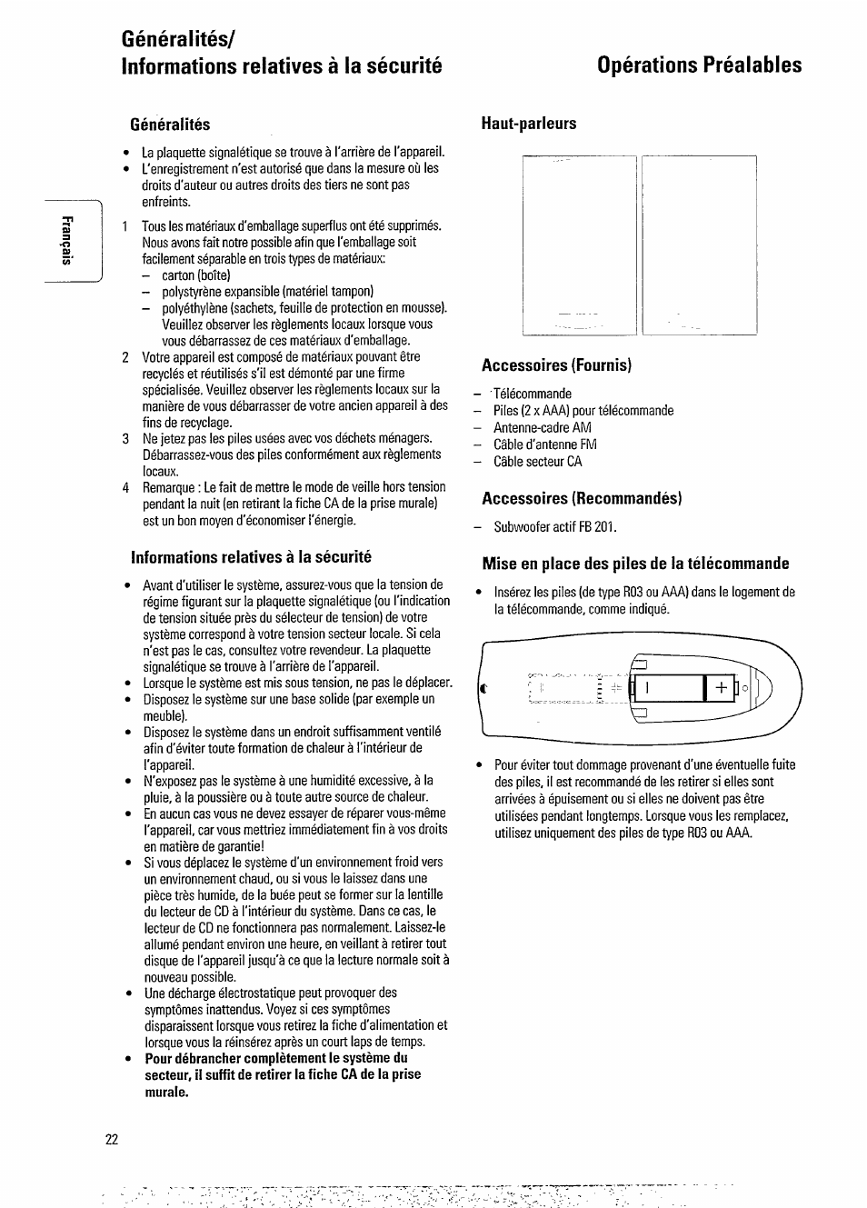 Généralités, Informations relatives à la sécurité, Informations relatives | La sécurité, Haut-parleurs accessoires (fournis), Accessoires (recommandés), Mise en place des piles de la télécommande | Philips FW 730C User Manual | Page 4 / 21