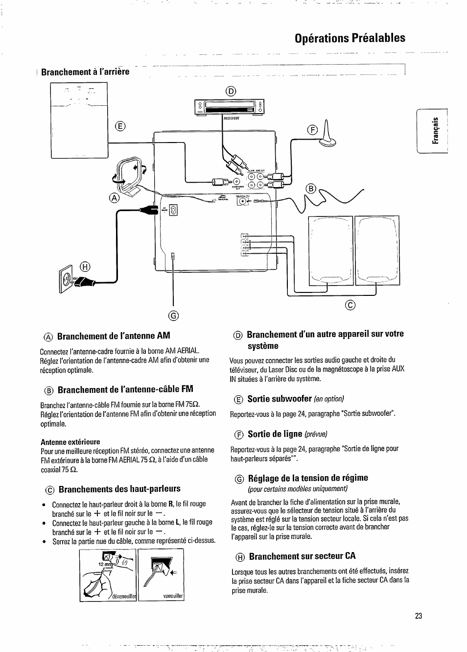 Antenne extérieure, Opérations préalables, Branchement | L'arrière, Branchement de l'antenne am, Branchement de i'antenne-câble fm, Branchements des haut-parleurs, Branchement d'un autre appareil sur votre système, E) sortie subwoofer, Sortie de ligne | Philips FW 730C User Manual | Page 5 / 21