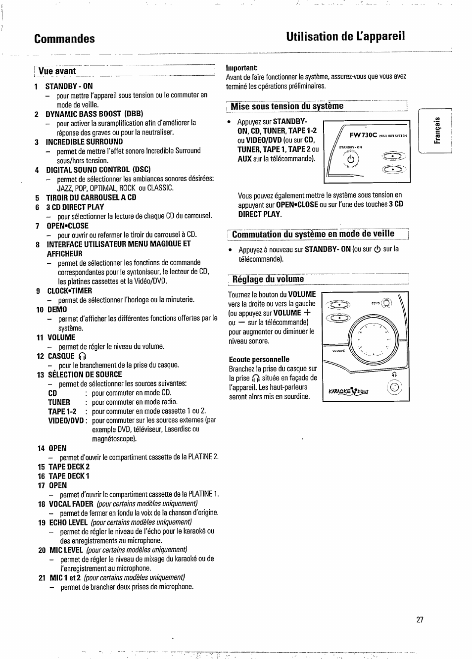 Utilisation de l'appareil, 1 standby-on, 2 dynamic bass boost (dbb) | 3 incredible surround, 4 digital sound control (dsc), 5 tiroir du carrousel a cd, 6 3 cd direct play, 7 open-close, 8 interface utilisateur menu magique et afficheur, 9 clock*timer | Philips FW 730C User Manual | Page 9 / 21