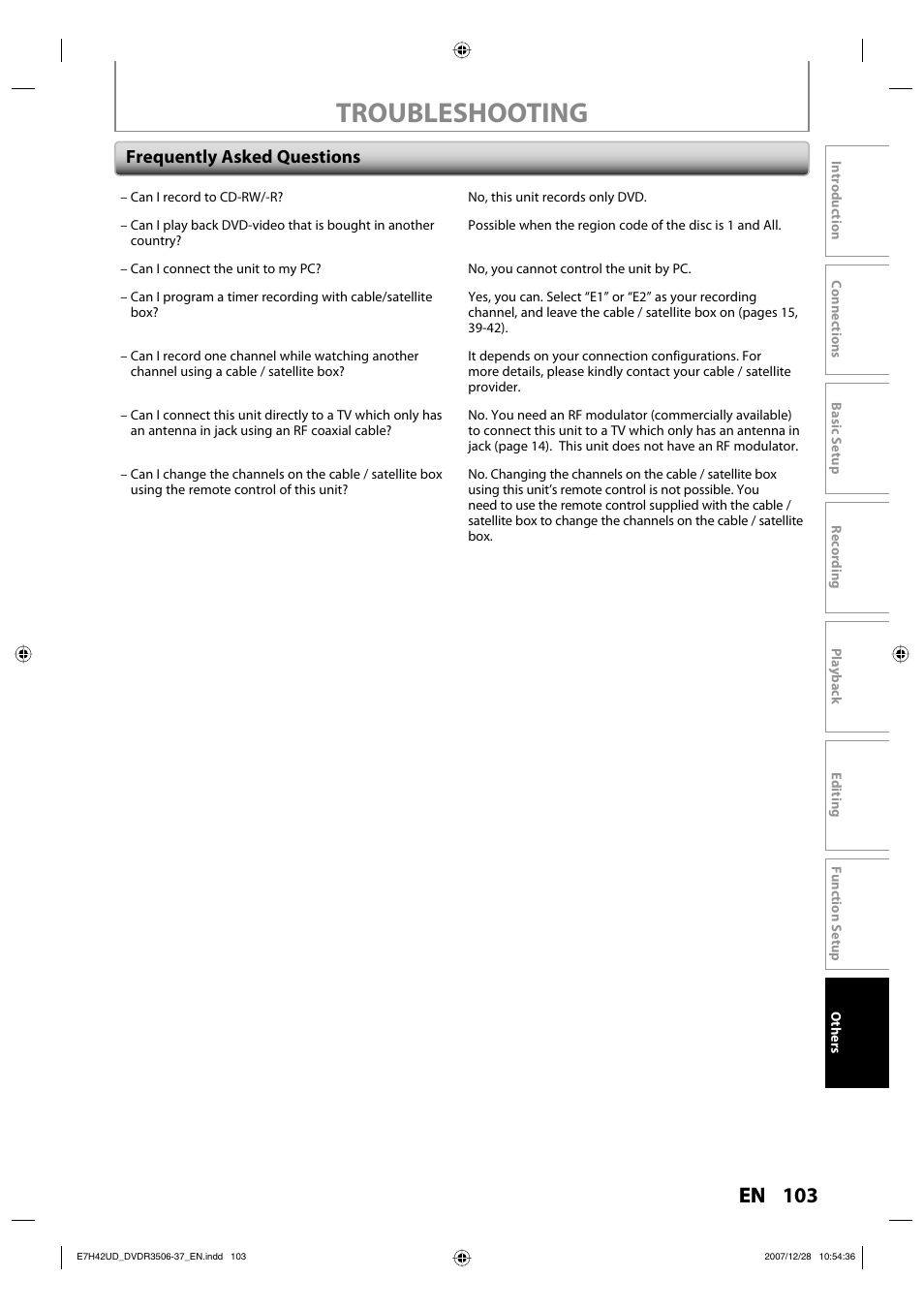 Troubleshooting, 103 en, Frequently asked questions | Philips DVDR3537 User Manual | Page 103 / 108