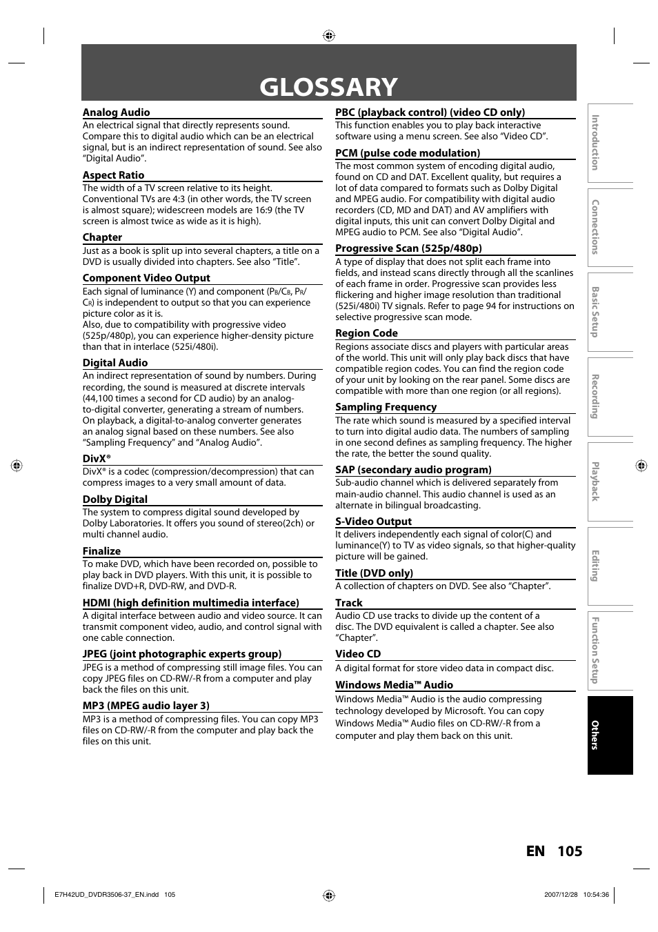 Glossary, 105 en | Philips DVDR3537 User Manual | Page 105 / 108