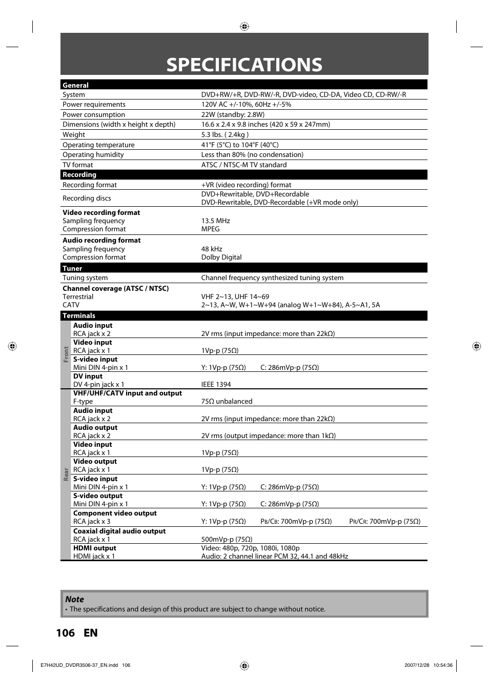 Specifications, 106 en | Philips DVDR3537 User Manual | Page 106 / 108