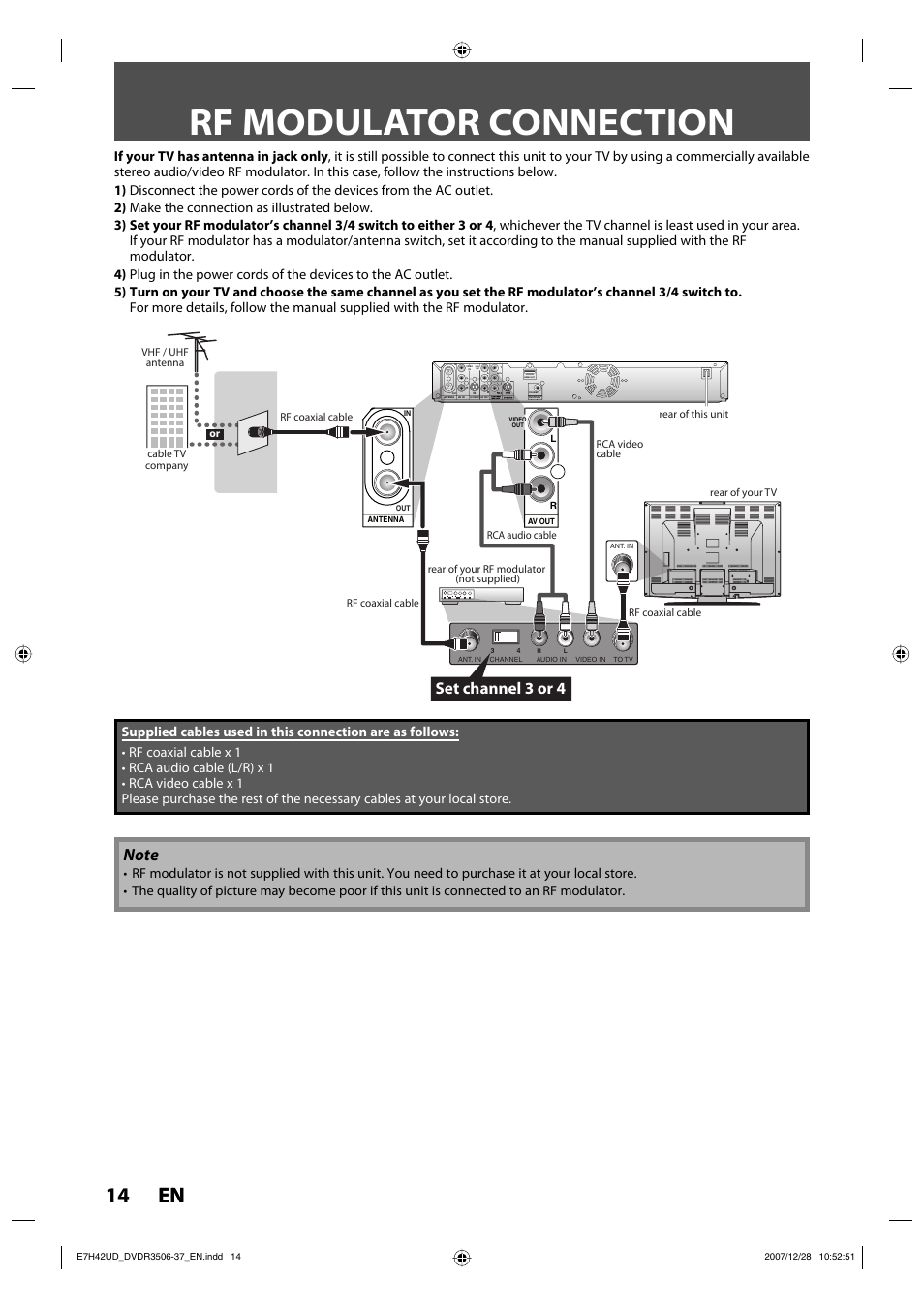 Rf modulator connection, 14 en 14 en, Set channel 3 or 4 | Video out | Philips DVDR3537 User Manual | Page 14 / 108