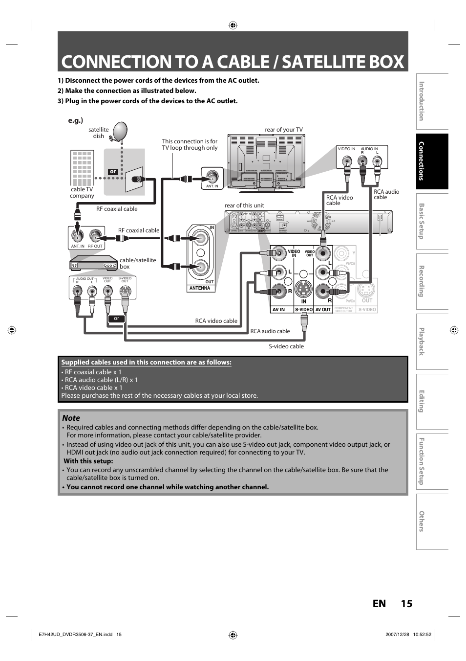 Connection to a cable / satellite box, 15 en, E.g.) | Philips DVDR3537 User Manual | Page 15 / 108