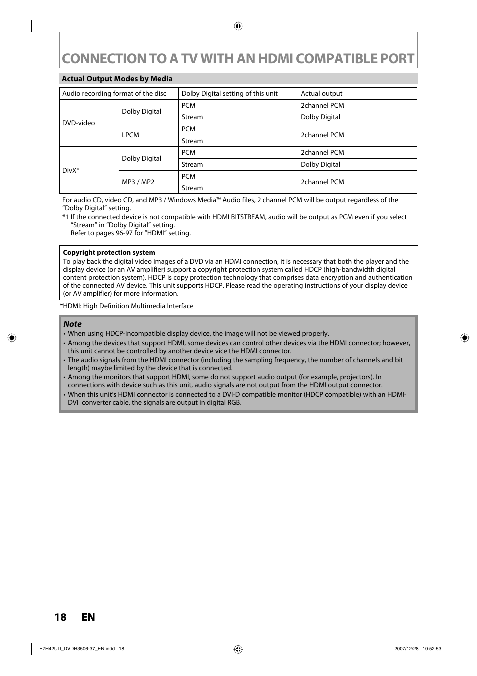 Connection to a tv with an hdmi compatible port, 18 en 18 en | Philips DVDR3537 User Manual | Page 18 / 108