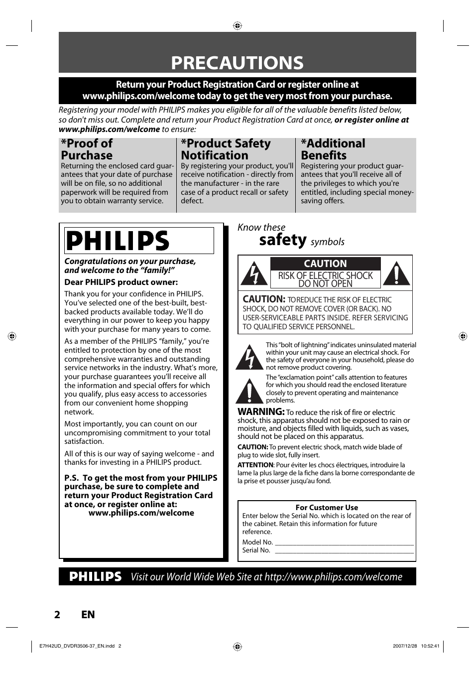 Precautions, Safety, Proof of purchase | Product safety notification, Additional benefits | Philips DVDR3537 User Manual | Page 2 / 108