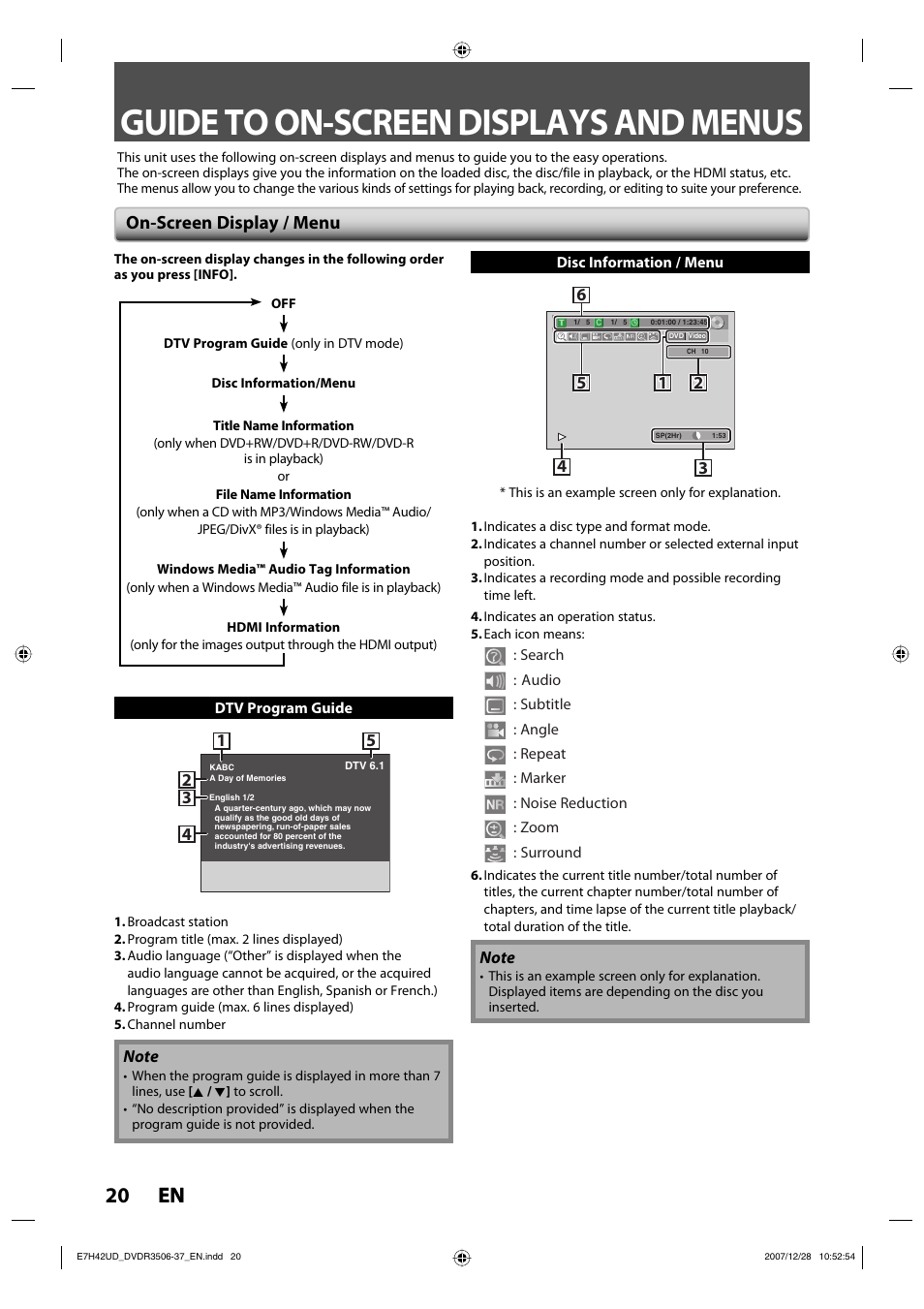 Guide to on-screen displays and menus, 20 en 20 en, On-screen display / menu | Philips DVDR3537 User Manual | Page 20 / 108