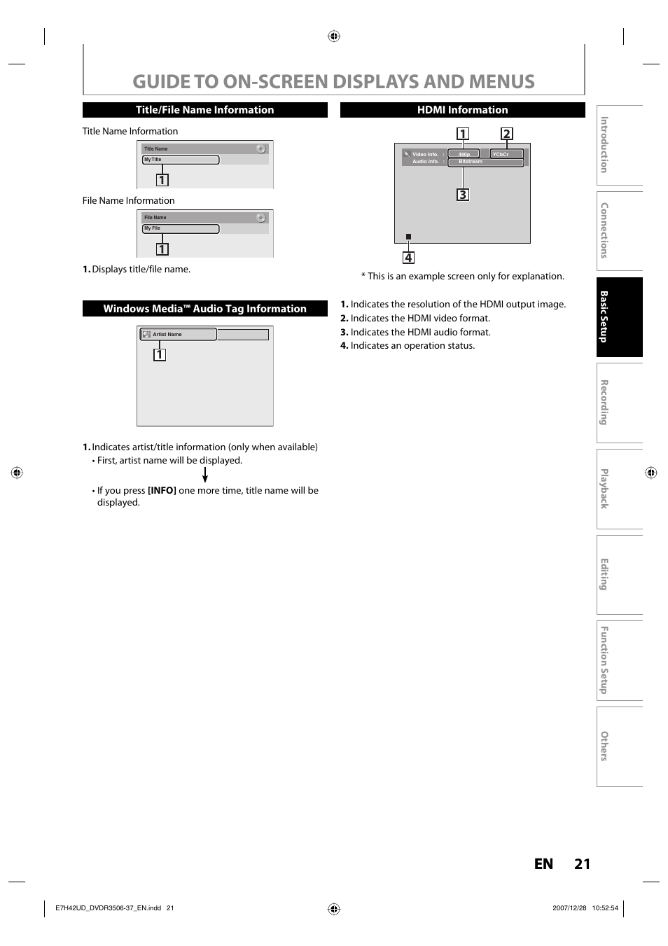 Guide to on-screen displays and menus, 21 en | Philips DVDR3537 User Manual | Page 21 / 108