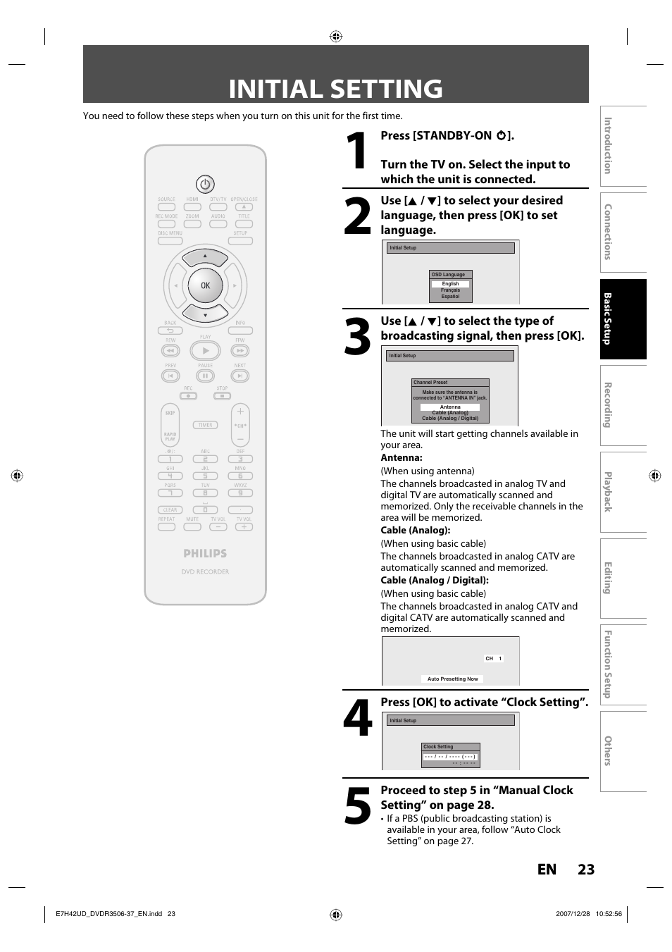 Initial setting | Philips DVDR3537 User Manual | Page 23 / 108