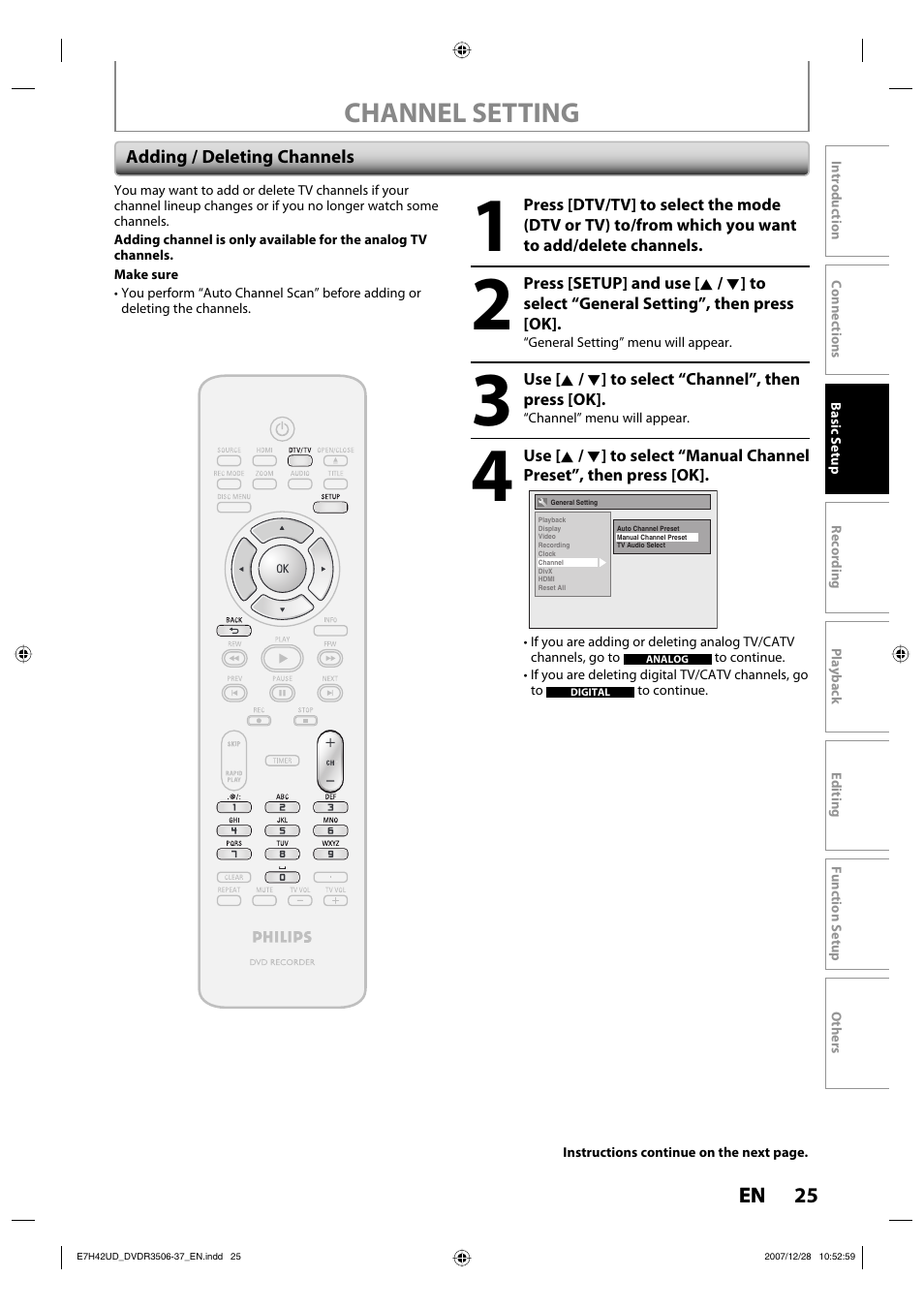 Channel setting | Philips DVDR3537 User Manual | Page 25 / 108