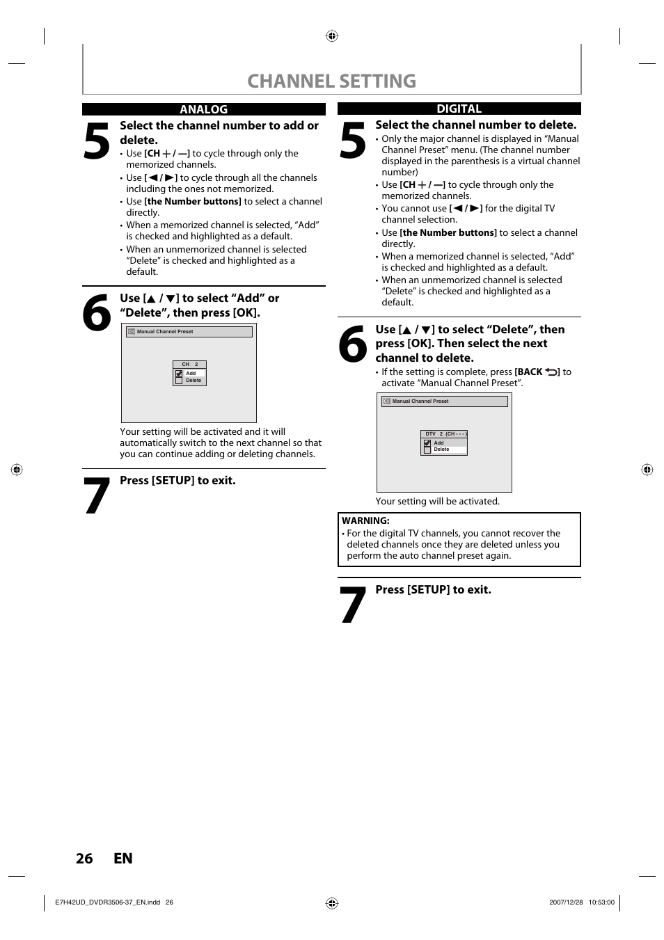 Channel setting | Philips DVDR3537 User Manual | Page 26 / 108