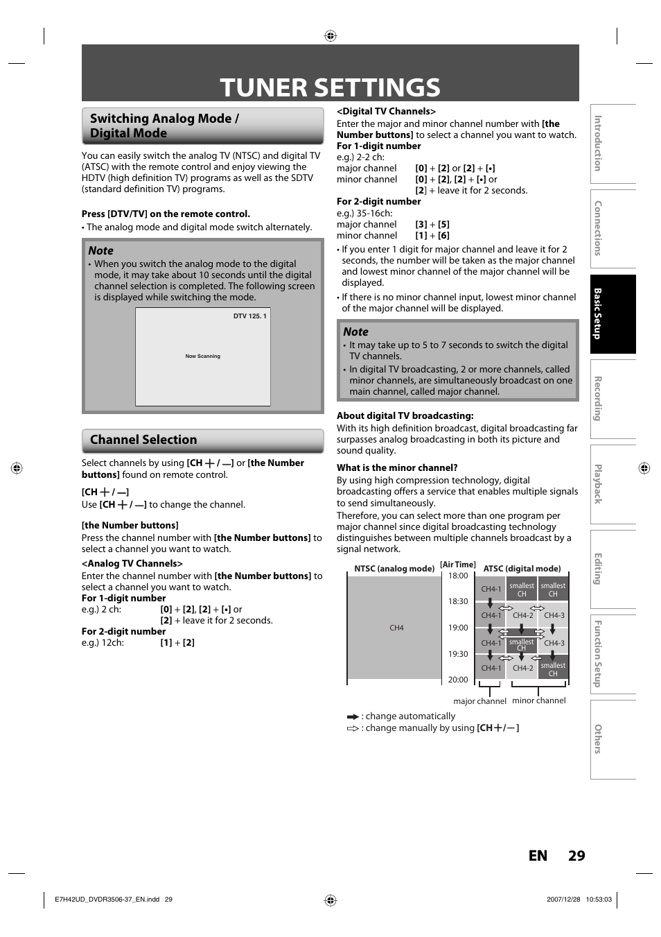 Tuner settings, 29 en, Switching analog mode / digital mode | Channel selection | Philips DVDR3537 User Manual | Page 29 / 108